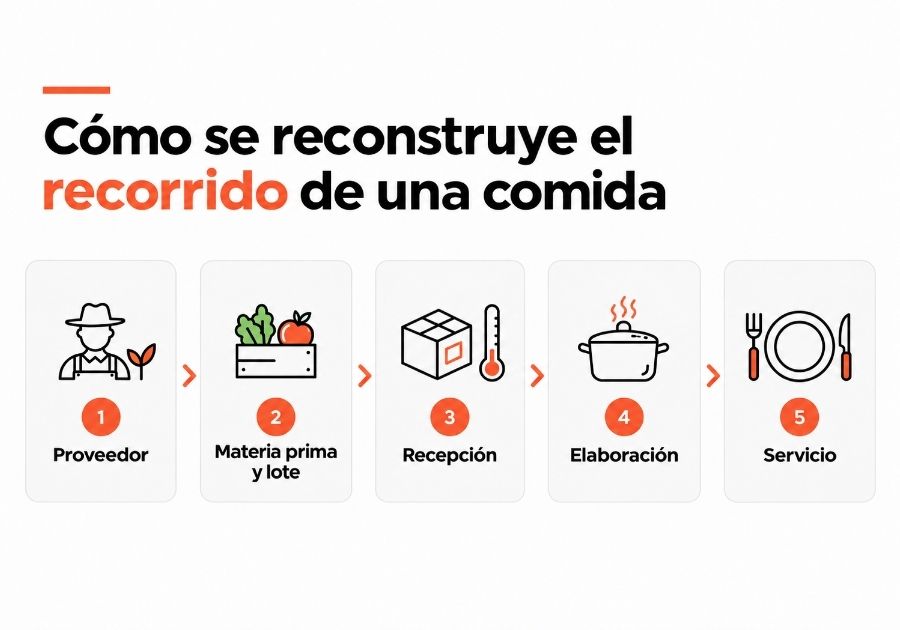 Etapas de la trazabilidad alimentaria desde el proveedor y el lote de materia prima hasta la elaboración y el servicio.